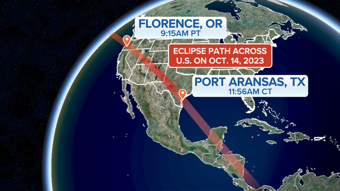 The path of the annular eclipse on Oct. 14, 2023.