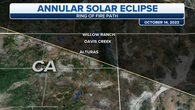 The path of the Oct. 14, 2023 annular solar eclipse in California. 