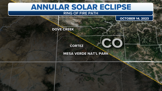 Areas in Colorado along the path of the annular solar eclipse on Oct. 14, 2023.