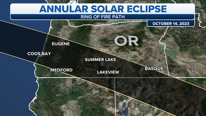 The annular solar eclipse path through Oregon on Oct. 14, 2023. 
