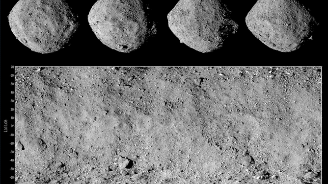 This image shows four views of asteroid Bennu along with a corresponding global mosaic. The images were taken on Dec. 2, 2018, by the OSIRIS-REx spacecraft’s PolyCam camera.