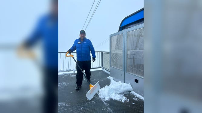 About an inch of fresh snow fell at Snowbird ski resort on Sept. 4, 2023, enough to shovel some fresh powder.