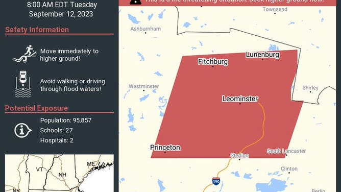 An image showing an example of a Flash Flood Emergency (Not a current map).