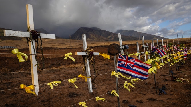 LAHAINA, HAWAII - AUGUST 29, 2023 - A makeshift memorial honoring the victims killed in the Aug. 8 fires and those who remain missing is seen in Lahaina, HI, on Aug. 29, 2023. (Photo by Tamir Kalifa for The Washington Post via Getty Images)