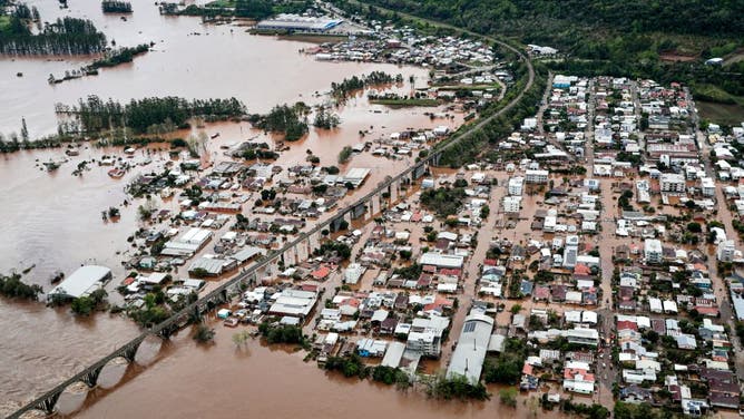 Aerial view of the area affected by an extratropical cyclone in Muçum, Rio Grande do Sul State, Brazil, taken on September 5, 2023.