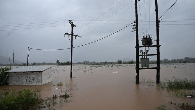This photograph shows flooded fields after heavy floods in Palamas, near Karditsa, central Greece, on September 6, 2023.