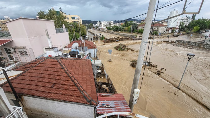 The city of Volos witnessed flooded and mud-covered cars and other vehicles still in the water on the morning of 7 September 2023, after being hit by Storm Daniel and record rainfall causing deadly flash floods.
