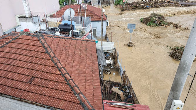 The city of Volos witnessed flooded and mud-covered cars and other vehicles still in the water on the morning of 7 September 2023, after being hit by Storm Daniel and record rainfall causing deadly flash floods.