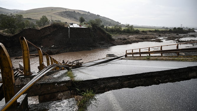 The debris of a collapsed bridge is seen following heavy rains and floods in Farsala central Greece, on September 7, 2023.