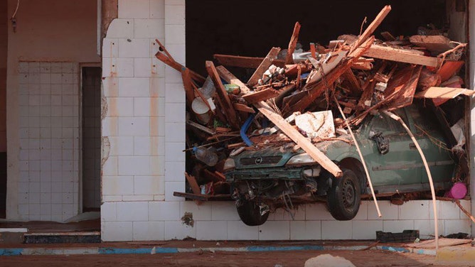 A view of devastation in disaster zones after the floods caused by the Storm Daniel ravaged the region, on September 11, 2023, in Derna, Libya.