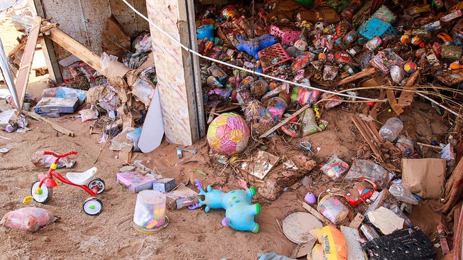 Toys are seen in a flash flood-damaged shop in Derna, eastern Libya, on September 11, 2023.