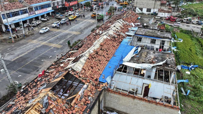 This aerial view shows damaged buildings after a tornado hit the city of Suqian, in China's eastern Jiangsu province on September 20, 2023.