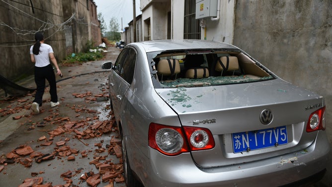 SUQIAN, CHINA - SEPTEMBER 20, 2023 - A damaged car is seen after a tornado in Nancai township, Suqian city, Jiangsu province, China, Sept 20, 2023.