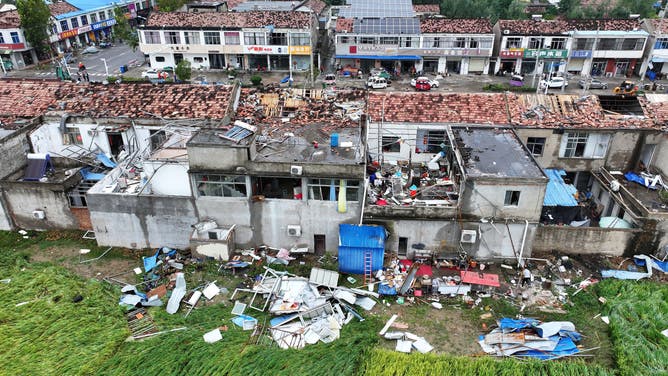 This aerial view shows damaged buildings after a tornado hit the city of Suqian, in China's eastern Jiangsu province on September 20, 2023.