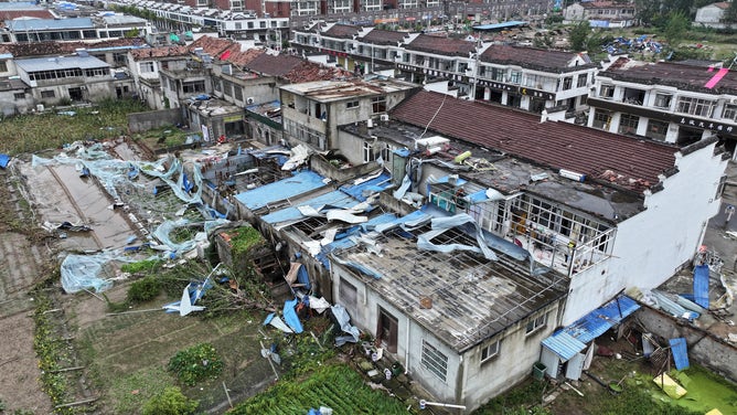 SUQIAN, CHINA - SEPTEMBER 20, 2023 - The scene of damage to some houses after a tornado in Nancai Township, Suqian city, Jiangsu province, China, September 20, 2023.