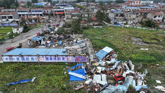 SUQIAN, CHINA - SEPTEMBER 20, 2023 - The scene of damage to some houses after a tornado in Nancai Township, Suqian city, Jiangsu province, China, September 20, 2023.