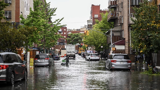 A general view of a flooded street in Williamsburg, New York, United States on September 29, 2023.