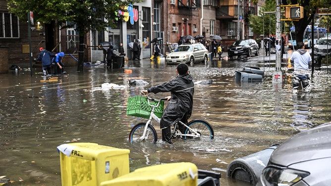 A general view of a flooded street in Williamsburg, New York, United States on September 29, 2023.
