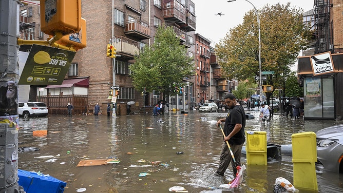 A general view of a flooded street in Williamsburg, New York, United States on September 29, 2023.
