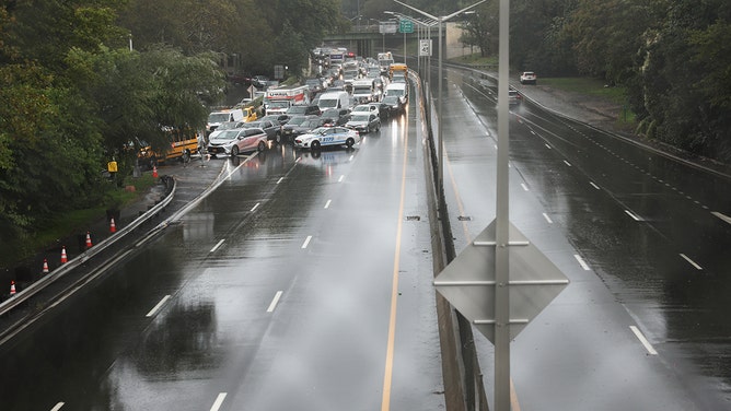 A section of the Prospect Expressway is closed during high water after heavy rain and flooding on September 29, 2023 in the Brooklyn Borough of New York City.