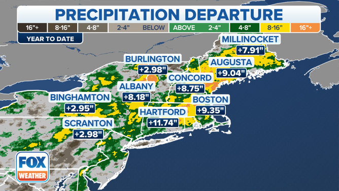 An image showing several areas in the Northeast and New England seeing rain totals that are above average for this time of year.