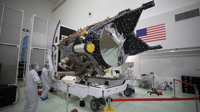 NASA’s Psyche spacecraft is shown in a clean room on Dec. 8, 2022, at Astrotech Space Operations Facility near the agency’s Kennedy Space Center in Florida. 