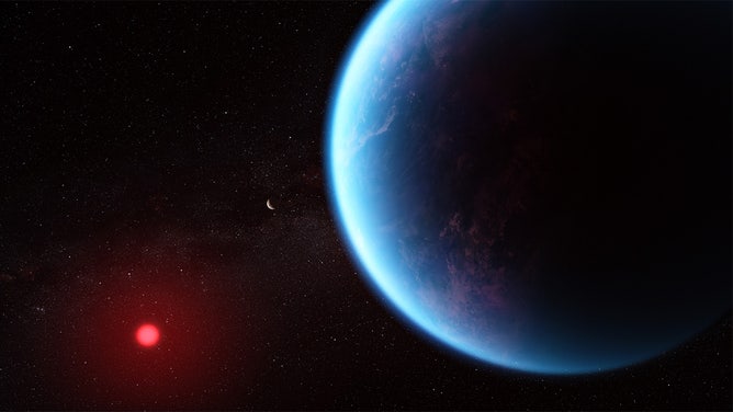 This illustration shows what exoplanet K2-18 b could look like based on science data. K2-18 b, an exoplanet 8.6 times as massive as Earth, orbits the cool dwarf star K2-18 in the habitable zone and lies 120 light years from Earth.