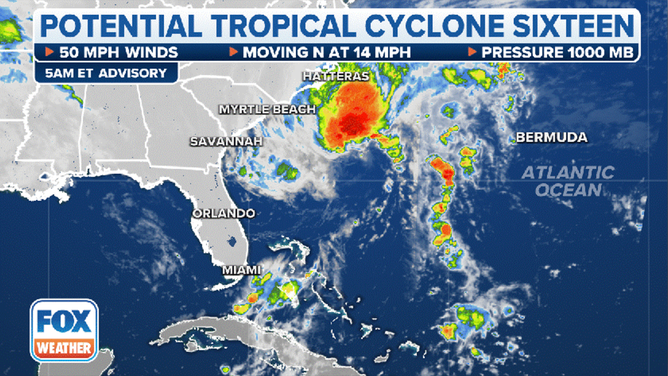 The current status of Potential Tropical Cyclone Sixteen.
