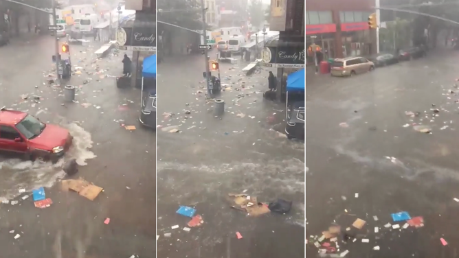 Trash floats in floodwater in Brooklyn. Sept. 29, 2023.