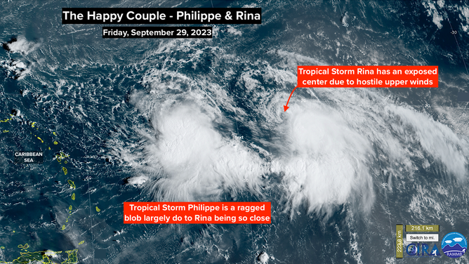NOAA satellite view of Tropical Storm Philippe and Tropical Storm Rina on September 29. 