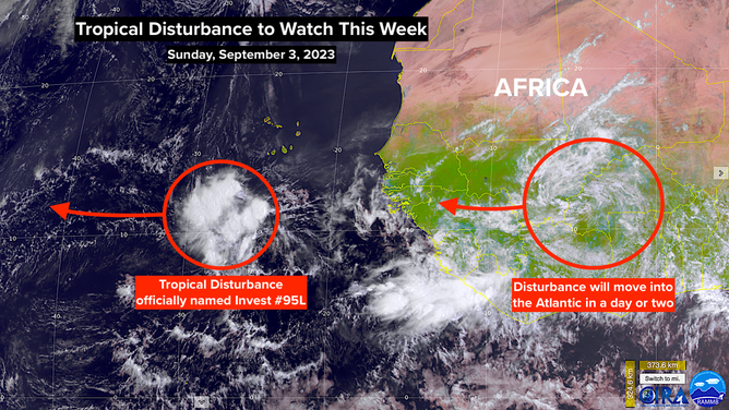 Satellite imagery of 95L and an area to watch off Africa.