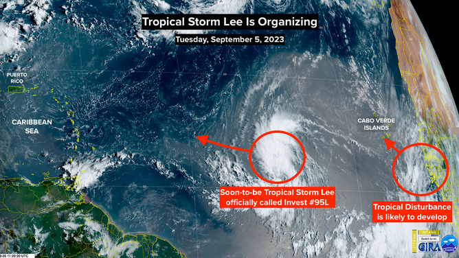 NOAA satellite imagery of soon-to-be Tropical Storm Lee.