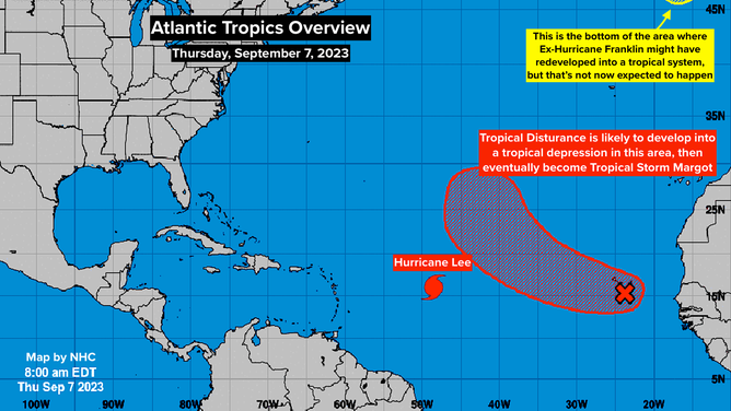 Hurricane Lee and a Tropical Disturbance in the Atlantic.