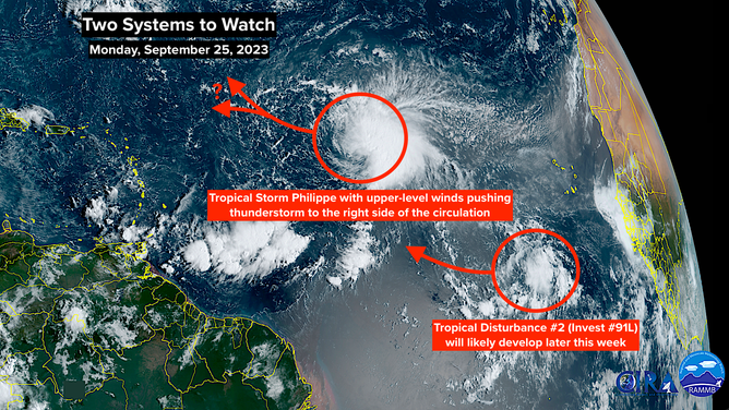 A satellite image of Tropical Storm Philippe and Invest 91L on Monday, September 25, 2023.