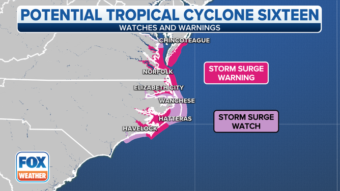 Storm Surge Watches and Warnings that are in effect for Potential Tropical Cyclone 16.