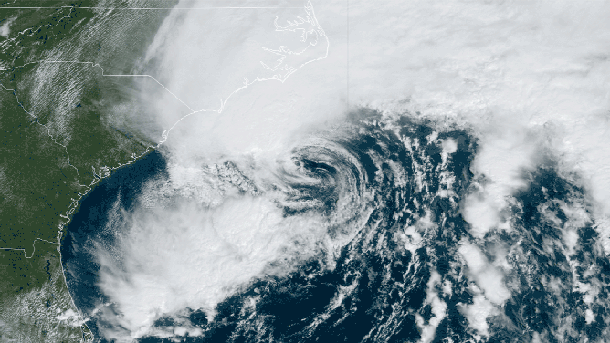 Tropical Storm Ophelia swirls off the coast of North Carolina on Sept. 22, 2023.