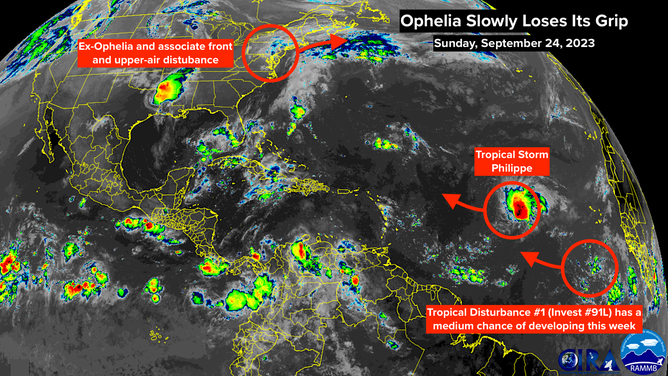 NOAA satellite imagery of former Ophelia and Tropical Storm Philippe.