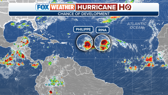 To the east of the Caribbean, a complex scenario is playing out across the Central Atlantic as two tropical storms(Philippe and Rina) are close enough to each other to interact and impact each other's eventual strengths and paths as they rotate around each other (Fujiwhara Effect).