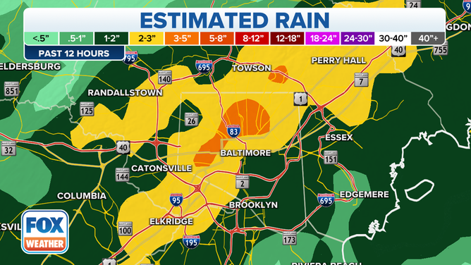 Emergency officials in the Baltimore area reported water rescues after 2.5 to 4.5 inches of rain fell.