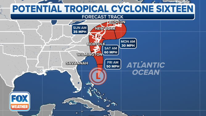 The forecast cone for Potential Tropical Cyclone Sixteen.