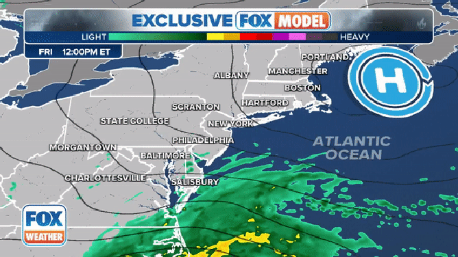 The exclusive FOX Model showing the progression of a low pressure system moving up the East Coast this weekend.