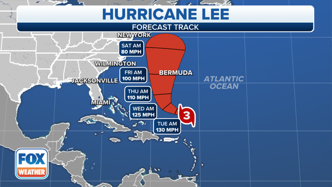 The forecast track for Hurricane Lee on Monday, September 11, 2023.