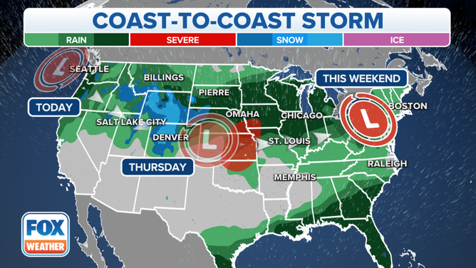 A coast-to-coast storm will be bringing heavy rain, snow, severe weather and a possible nor'easter to millions of Americans this week.