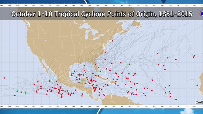 Tropical development points of origin in October