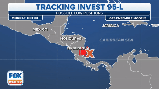 This graphic shows a composition of possible tracks for Invest 95L in the southwestern Caribbean.