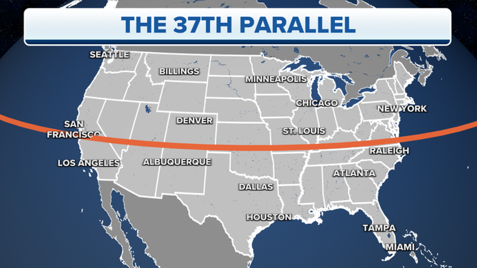 A map showing the 37th parallel.