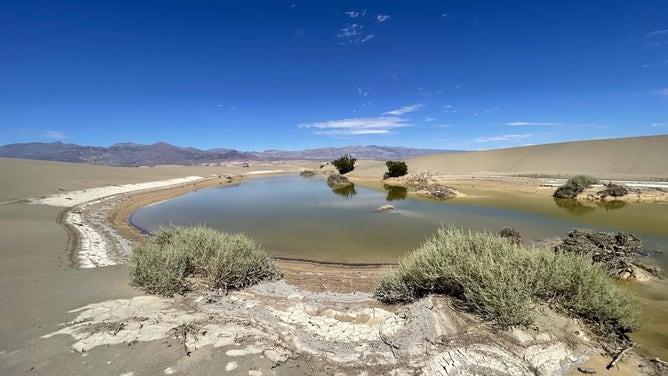 Water that created a small lake in the Mesquite Flat Sand Dunes of Death Valley. Oct. 21, 2023.