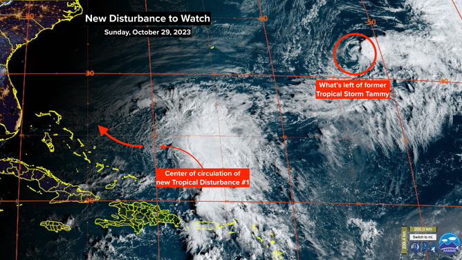 A satellite image of Post-Tropical Cyclone Tammy and Invest 96L.