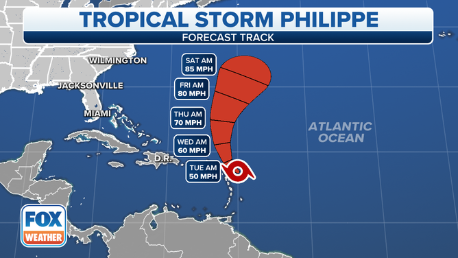 The forecast track of Tropical Storm Philippe.