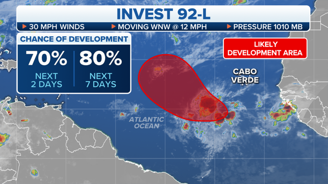 The chances of development for Invest 92L in the Atlantic Ocean.
